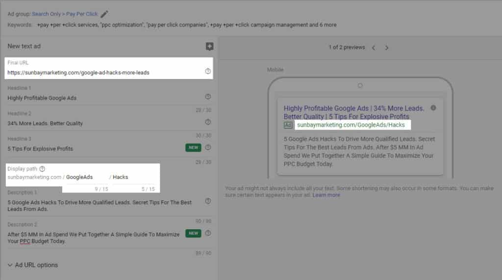 Google Ads Display URL